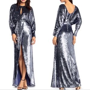 Aidan Mattox sequined blouson keyhole front long sleeve slit gown dress